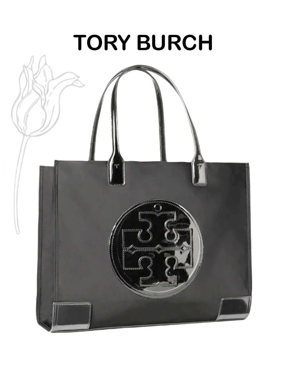 Tory Burch MINI ELLA Nylon/Patent Logo Tote Bag Black